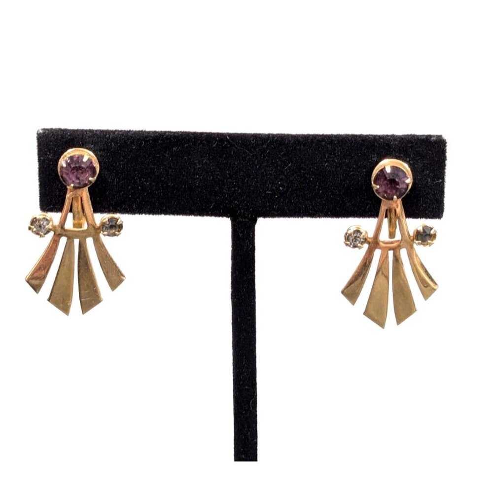 Vintage Art‎ Deco Revival Purple Rhinestone Fan Screw Back Dangle Earrings